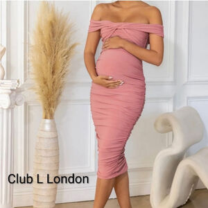 $95 Elegant Maternity Ruched Dress by Club L London, off shoulder stretch size 6